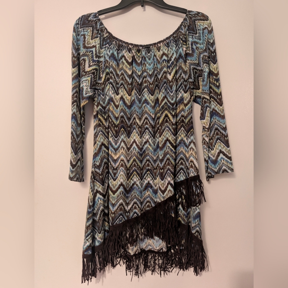Honeyme Los Angeles Chevron Fringe Tunic Dress Blue Brown Large Made in USA